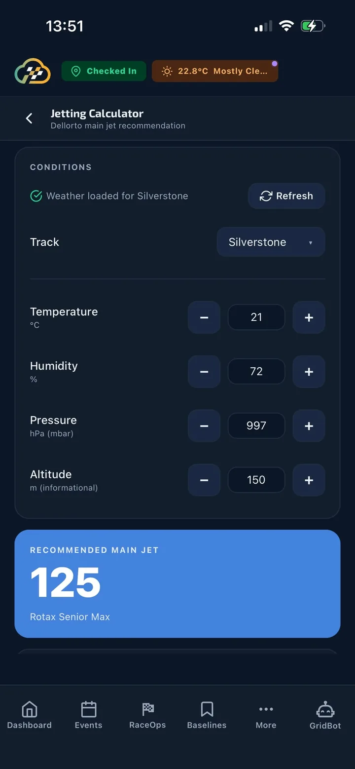 Jetting calculator recommending main jet 125