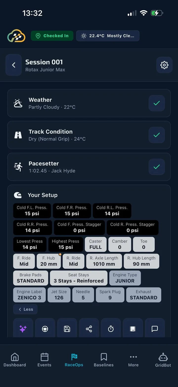 A driver's setup in RaceOps on the phone